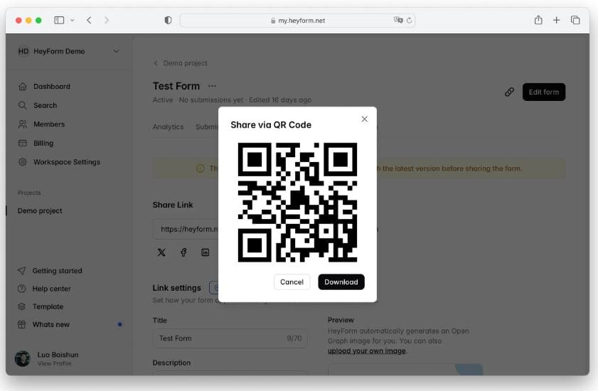 You can click the QR Code button to generate one. People can scan it with their mobile devices to see and use the form.