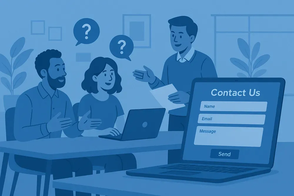 A diverse team discussing customer inquiries and a laptop showing a contact form