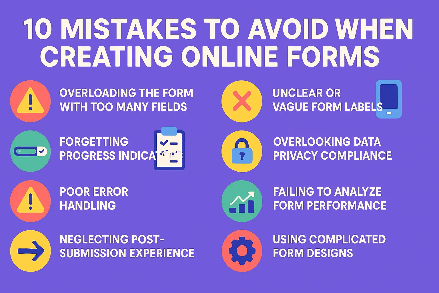 Infographic summarizing the top 10 mistakes to avoid when creating online forms.