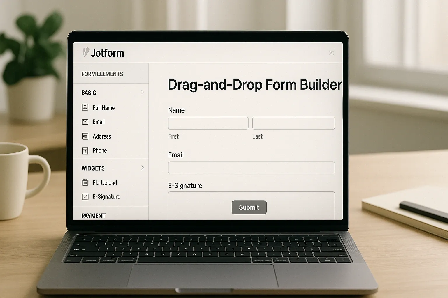 Jotform drag-and-drop form builder showing e-signature and payment options on a laptop screen.