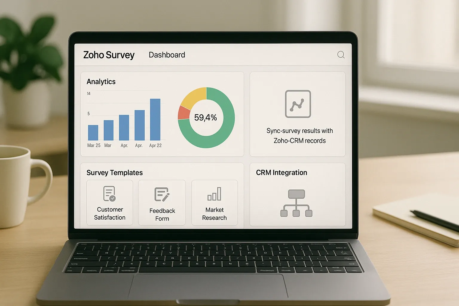Zoho Survey dashboard with analytics and CRM integration on a laptop screen.