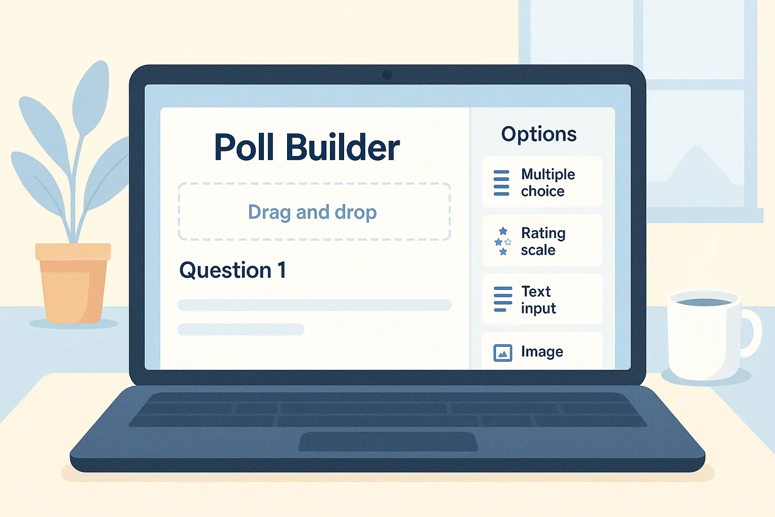 A laptop screen displaying a drag-and-drop poll builder interface with multiple choice and rating options.