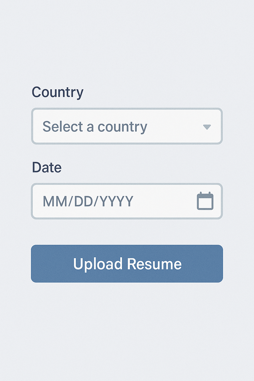 Form input types: dropdown, date picker, and file upload.
