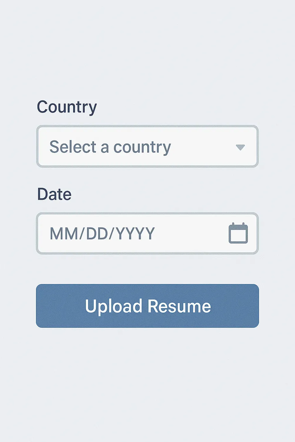 Form input types: dropdown, date picker, and file upload.