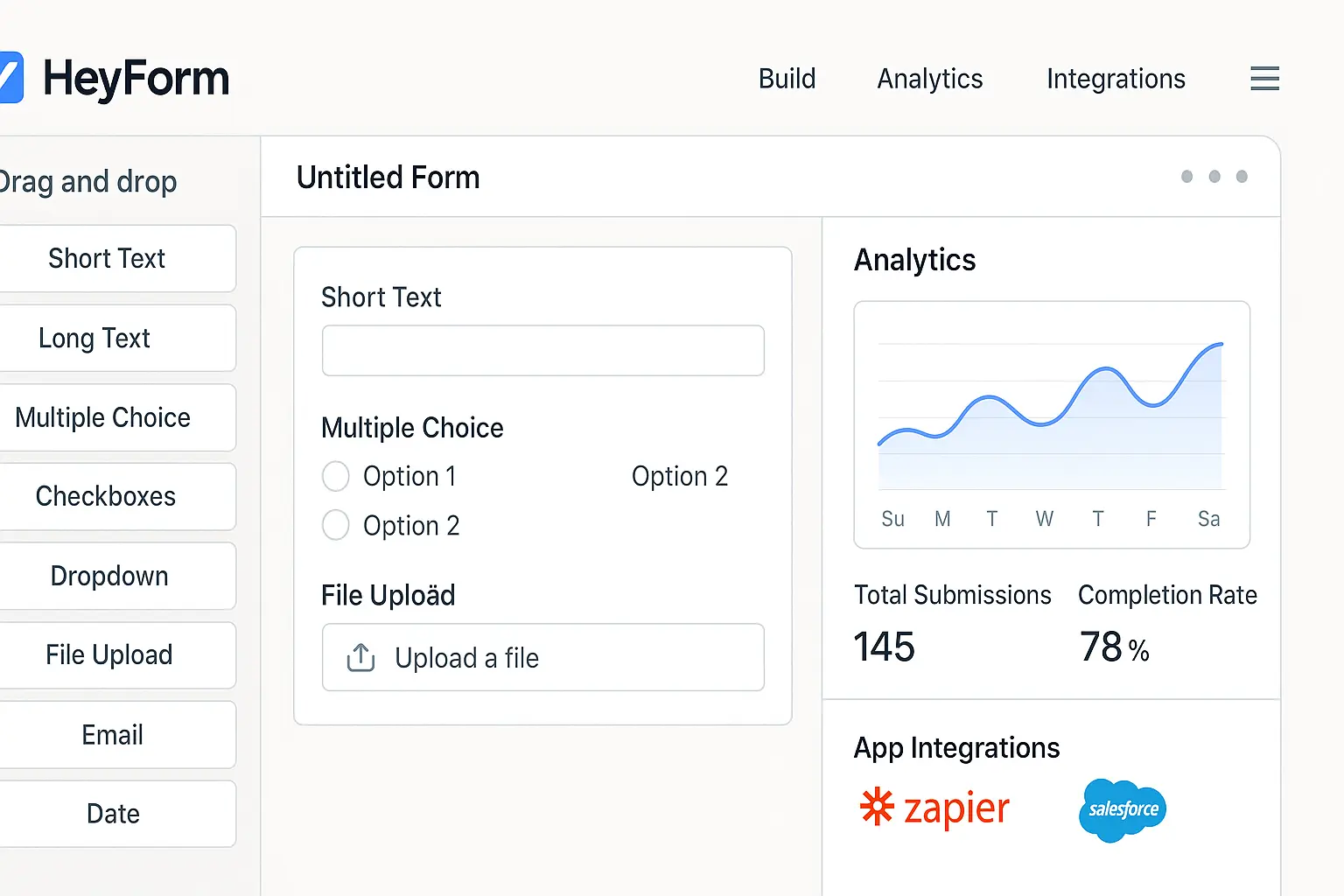 HeyForm's drag-and-drop builder with analytics and third-party integrations