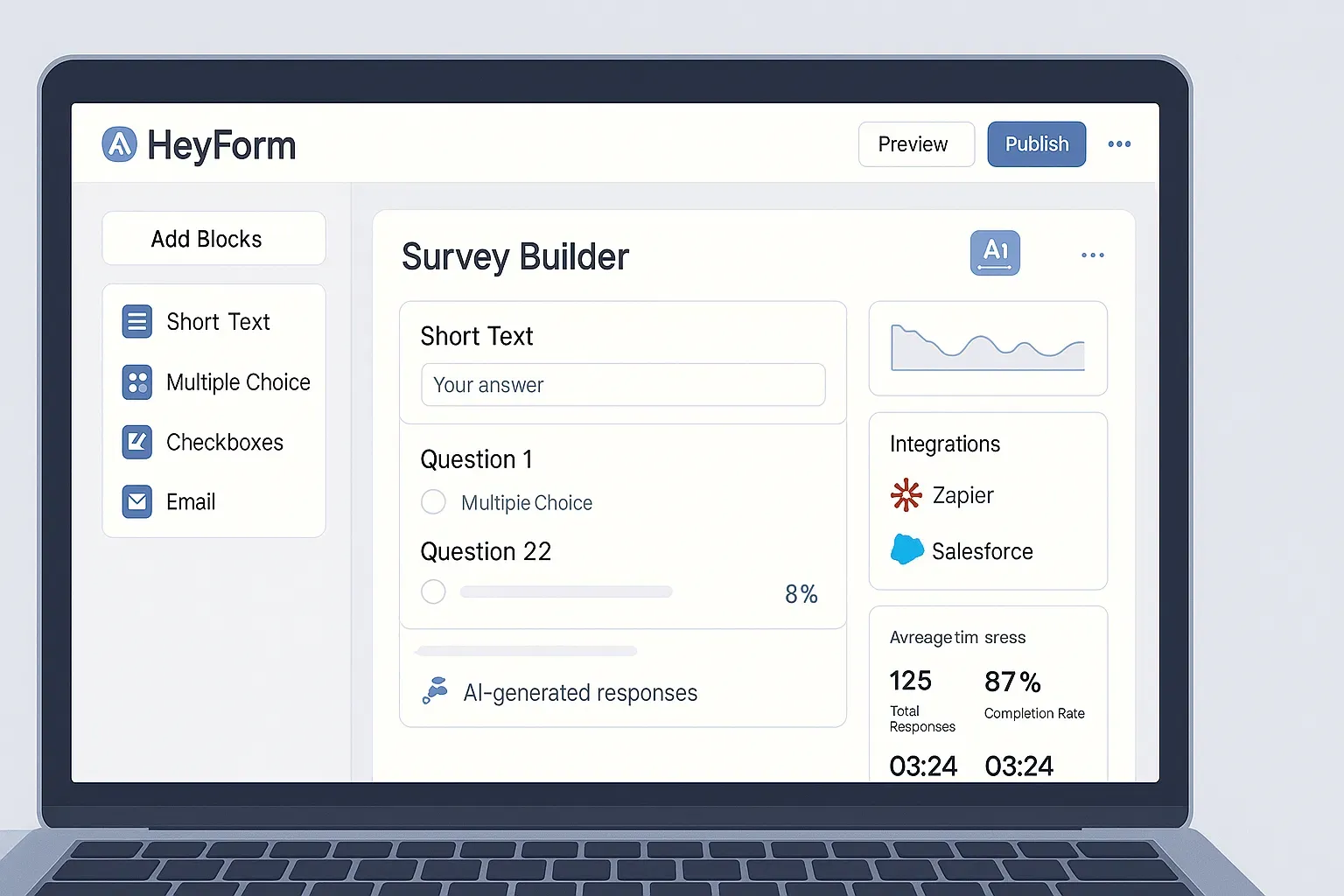 HeyForm survey builder interface on a laptop with AI features and drag-and-drop form creation.