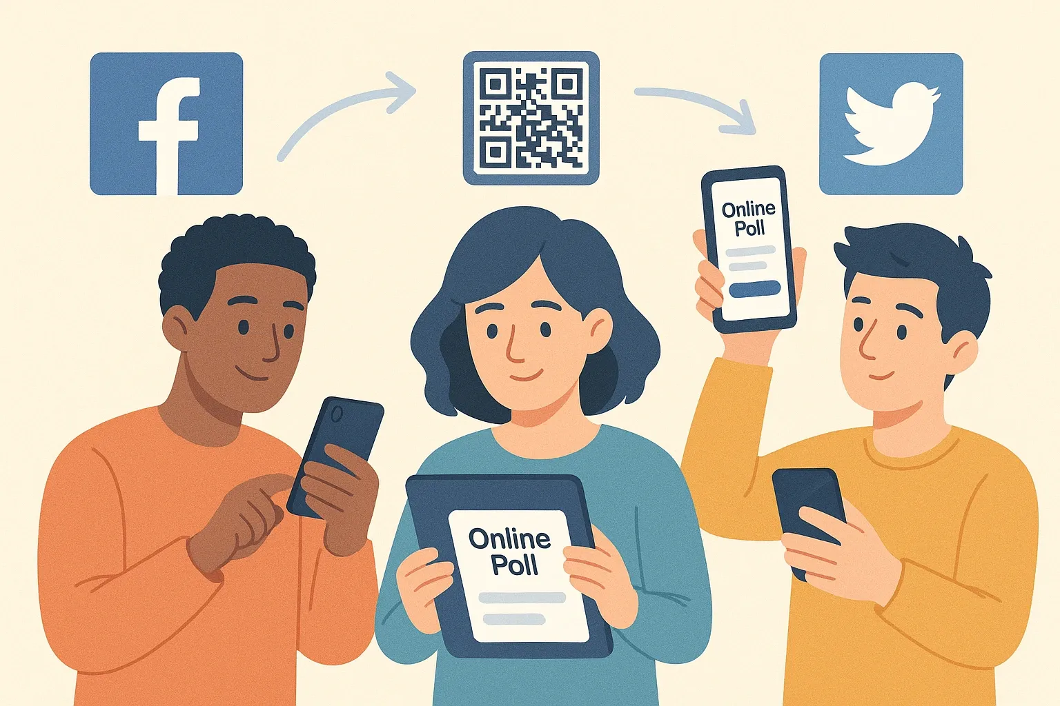 Illustration of people sharing an online poll via social media, email, and QR codes.