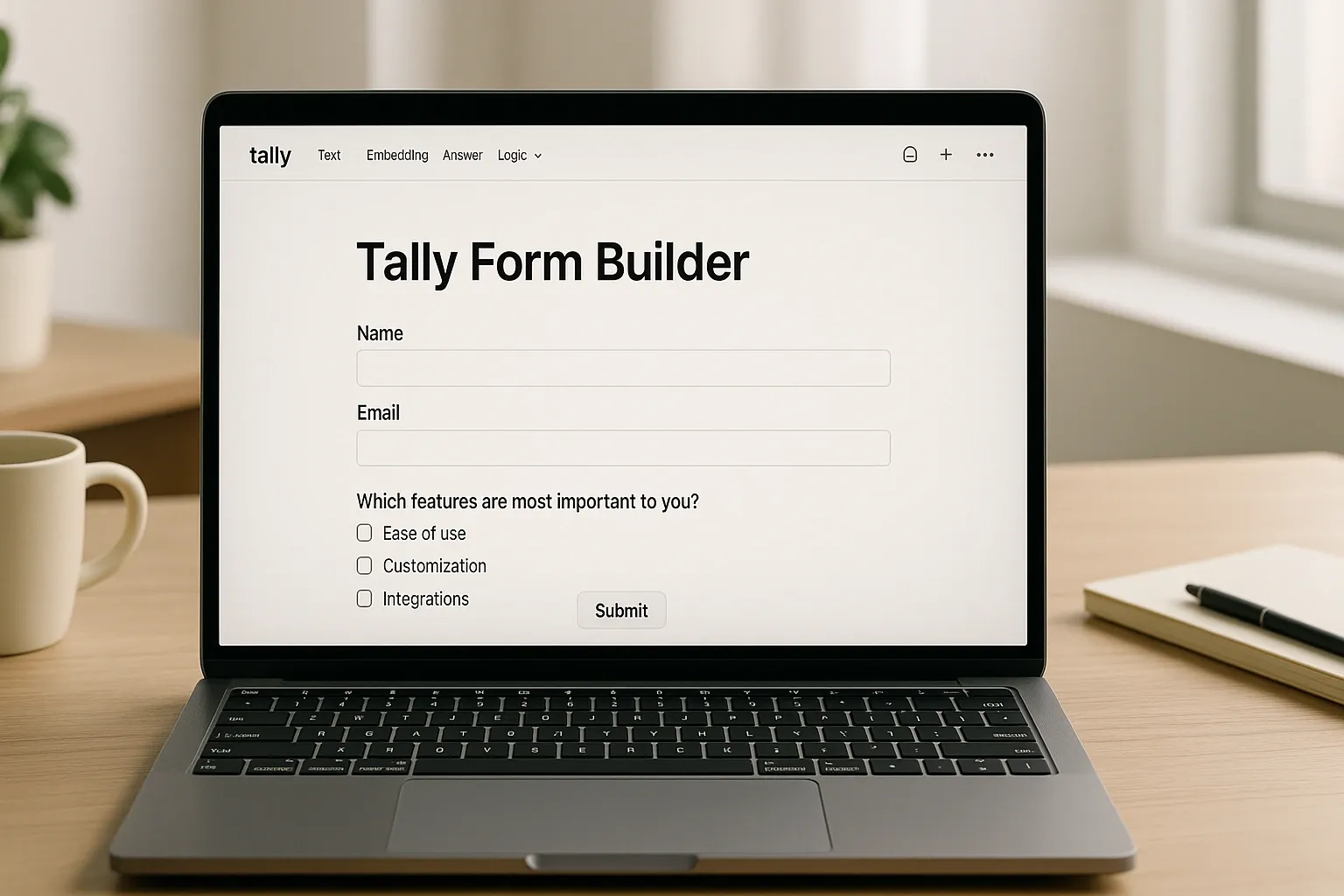 Tally form builder interface with a Notion-style layout on a laptop.