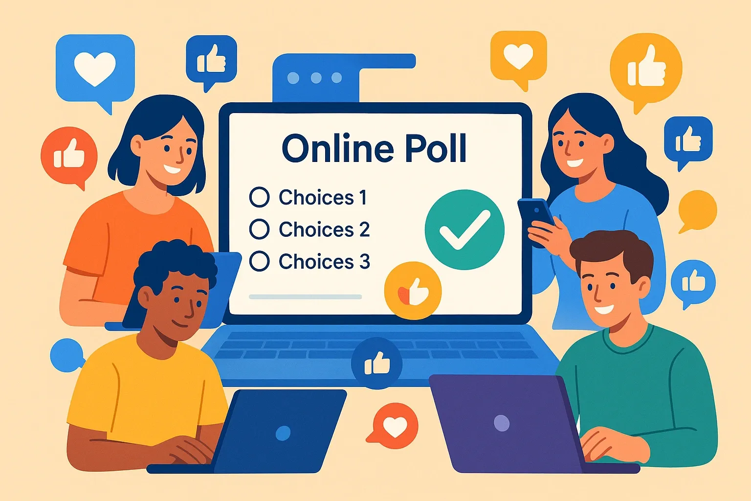 People using laptops and smartphones to vote in an online poll, showing engagement and instant feedback icons.