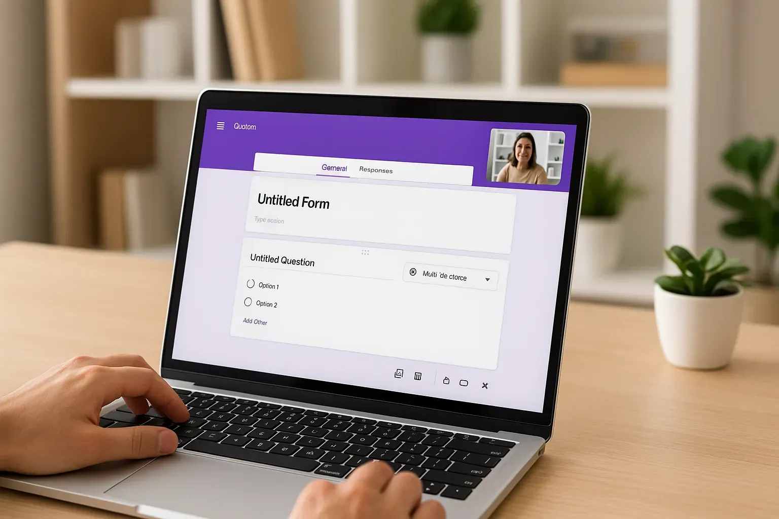 Google Forms survey interface on a laptop with team collaboration in a modern workspace.