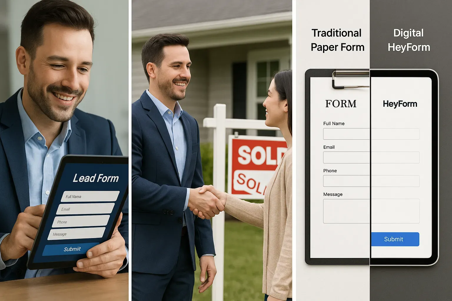 Happy agent and client celebrating a home sale with digital lead form